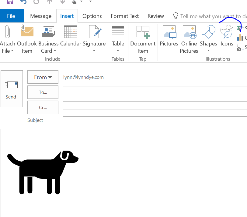 how to insert icons with outlook 2016