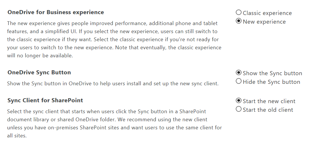 Admin page to turn on OneDrive for Business and SharePoint new sync clients