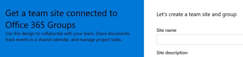 new team site screen