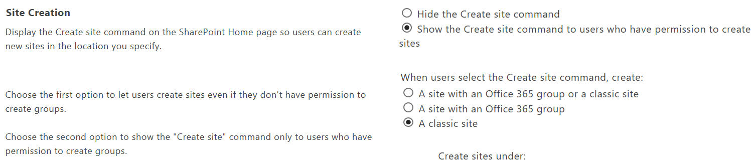 admin screen to select classic site in O365 SharePoint