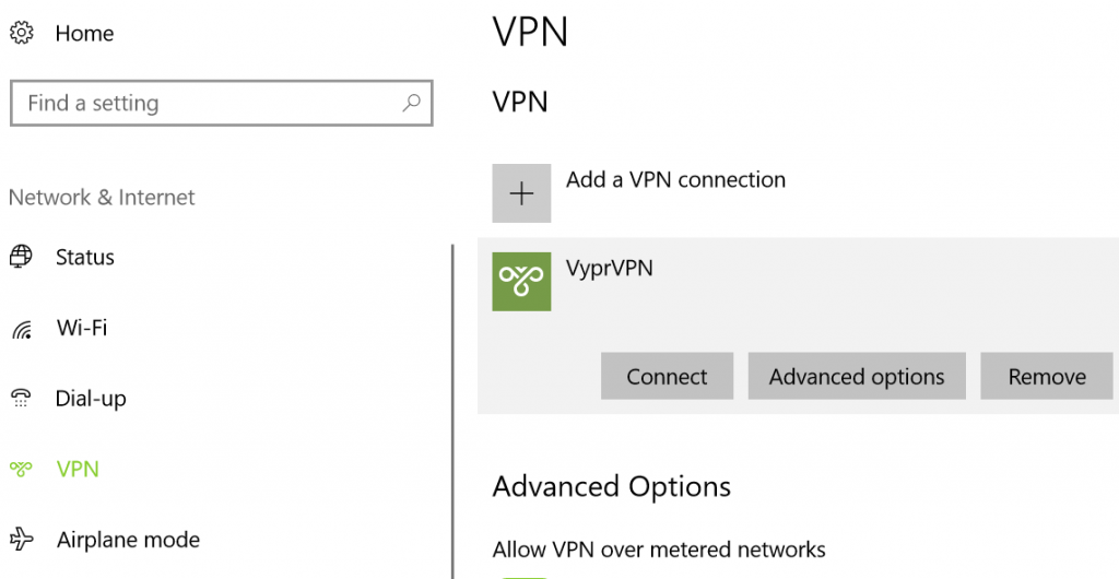 VPN settings in Windows 10 control panel