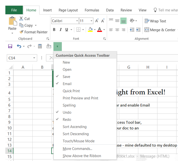 how to add an email command to microosft excel