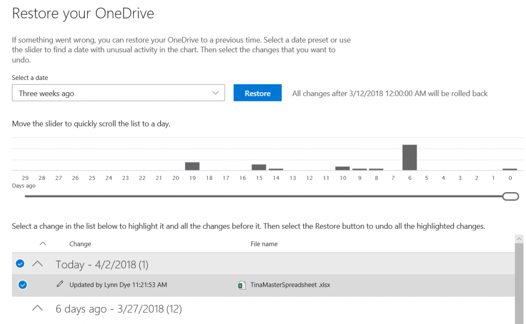 OneDrive For Business Restore screenshot
