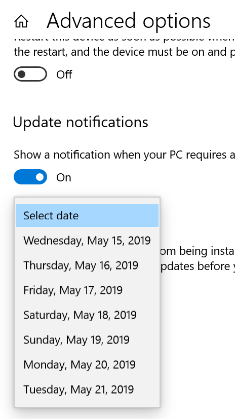 Microsoft Update restart - new screen for May 2019-select date to update