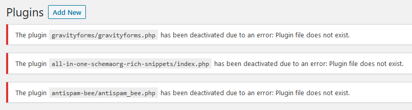 Plugins area in backend of WordPress showing that all plugins are deactivated and don't exist